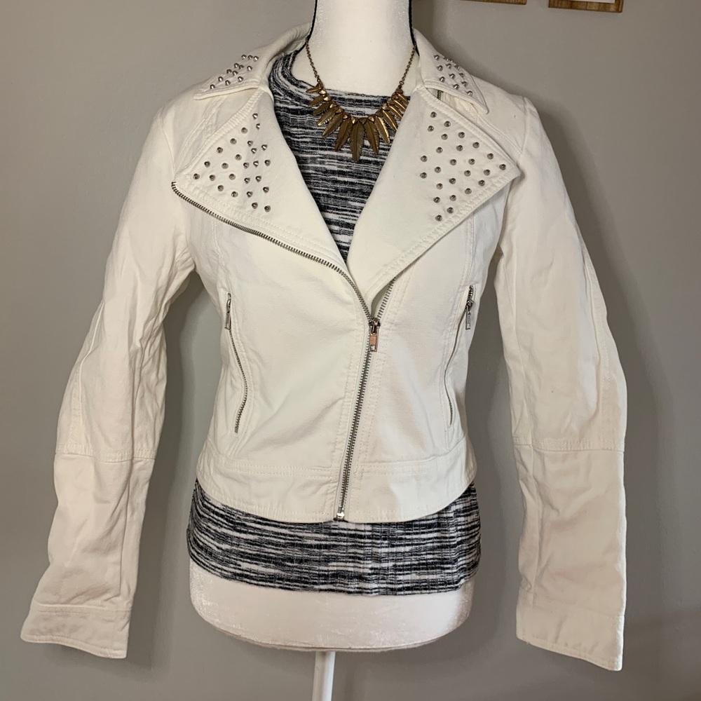 Studded white denim moto jacket